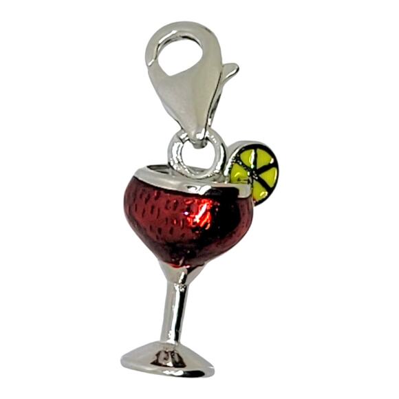 Rhodium Plated 925 Sterling Silver Cocktail Glass Multicolor Enamel Charm - Picture 1 of 4